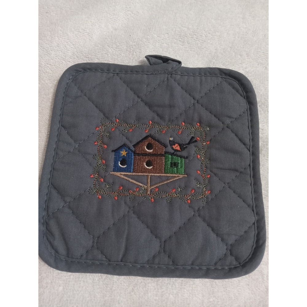 Embroidered Birdhouse Potholder Quilted Kitchen Decor Gift
